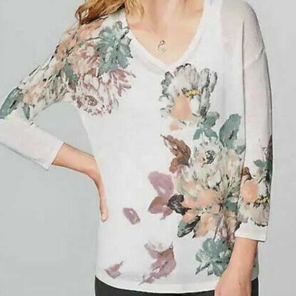 J Jill Linen blend v neck lightweight Boho Pullover Coastal floral print M - Picture 1 of 6